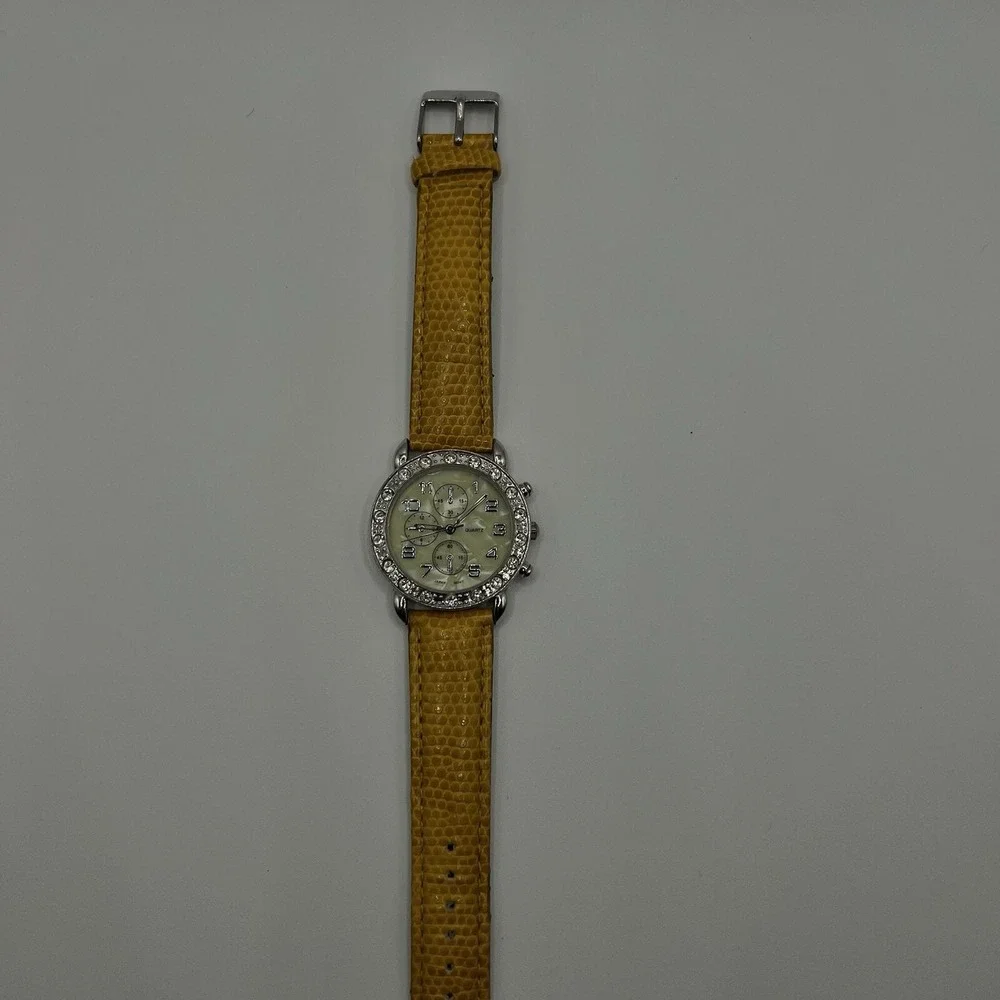CG Women's Quartz Watch Rhinestone Bezel MOP Dial Plastic Band Needs New Battery